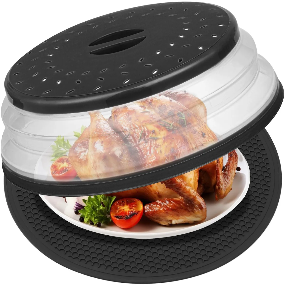 A 12-inch collapsible silicone splatter guard and matching round mat, both grey, shown folded flat and expanded