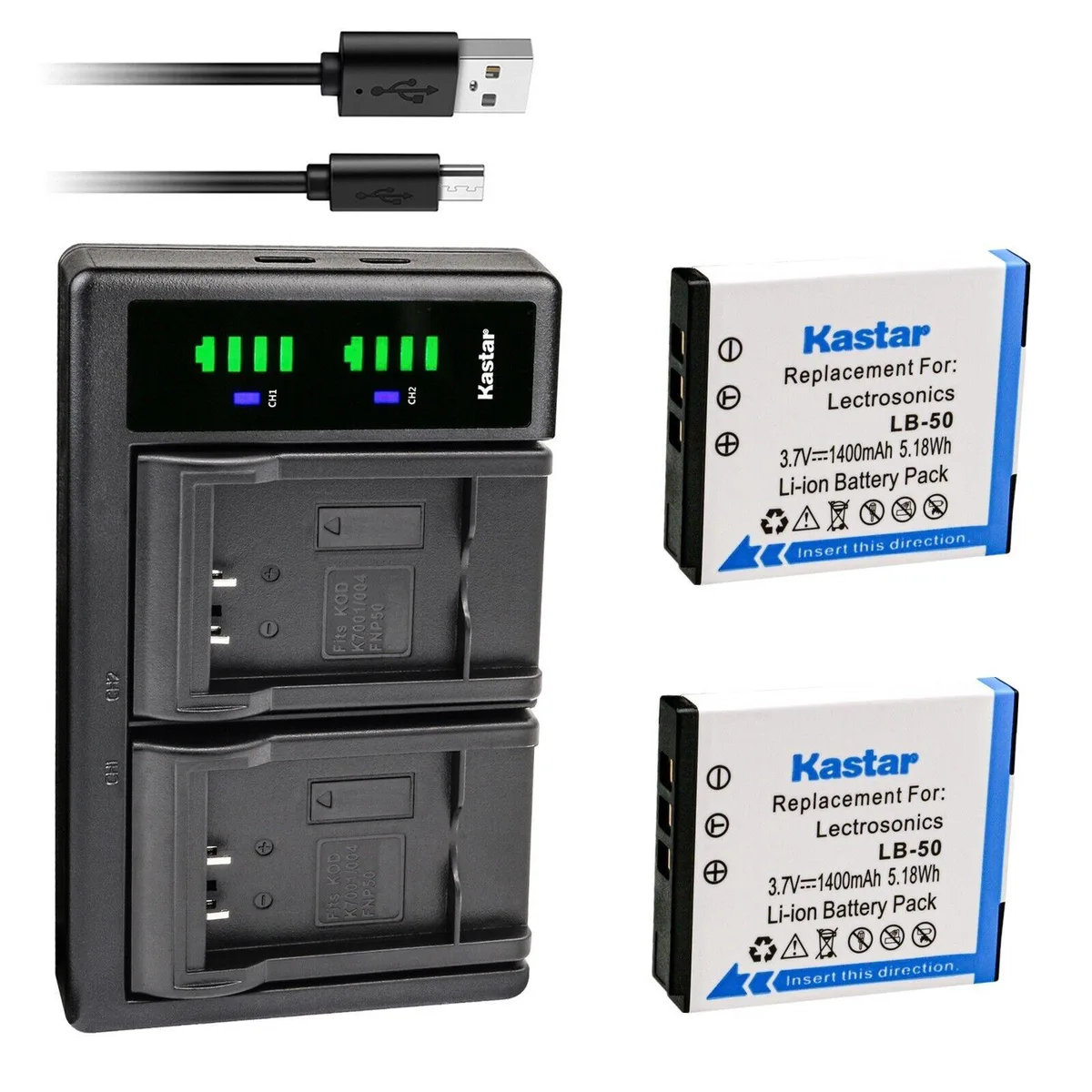 Kastar Kastar 2-pack LB-50 1400 mAh 3.7 V Li-Ion batteries with LTD2 dual USB charger — product photo