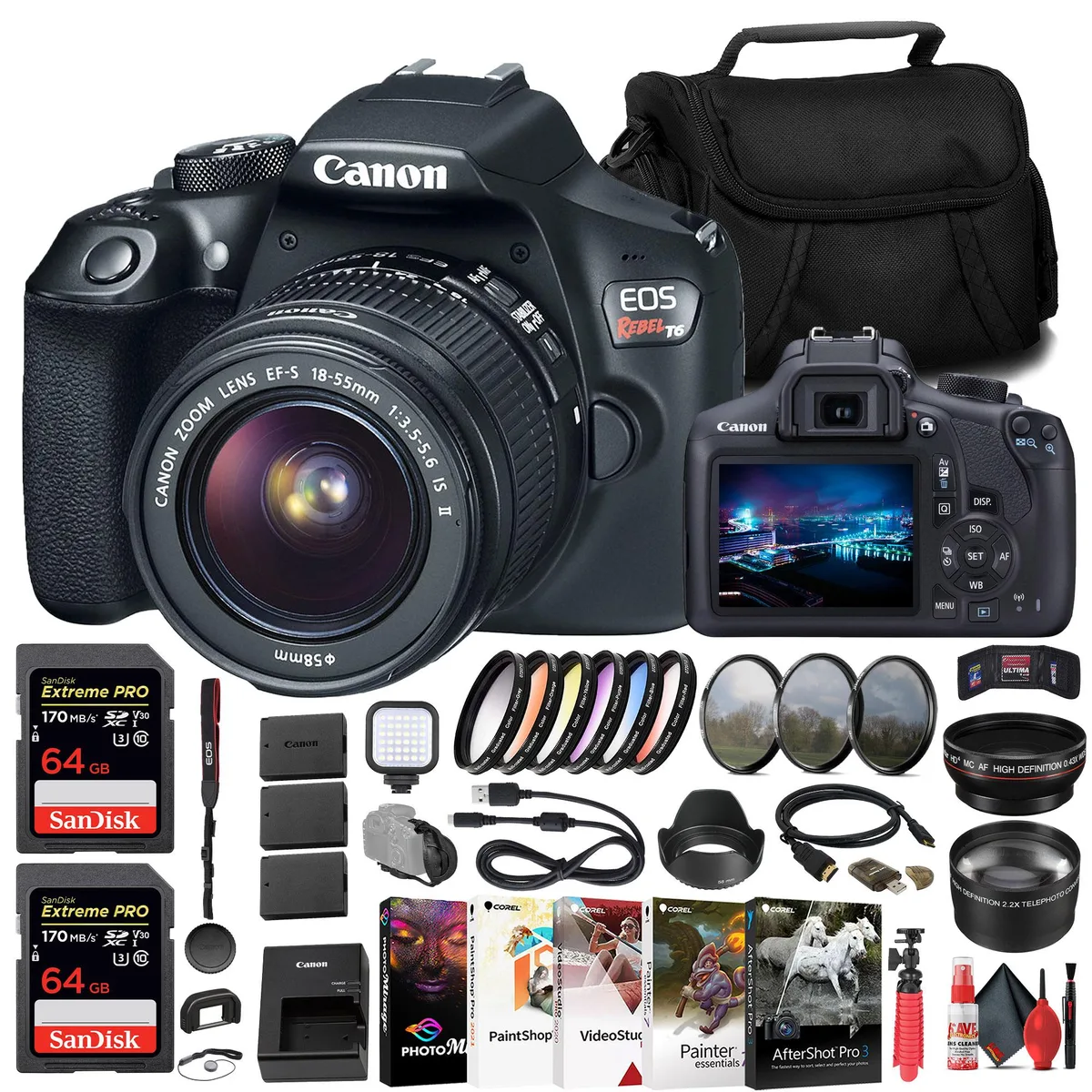 Canon Canon EOS Rebel T6 camera kit with 18-55mm lens, 2 x 64GB cards, filters, wide-angle, telephoto, accessories — product photo
