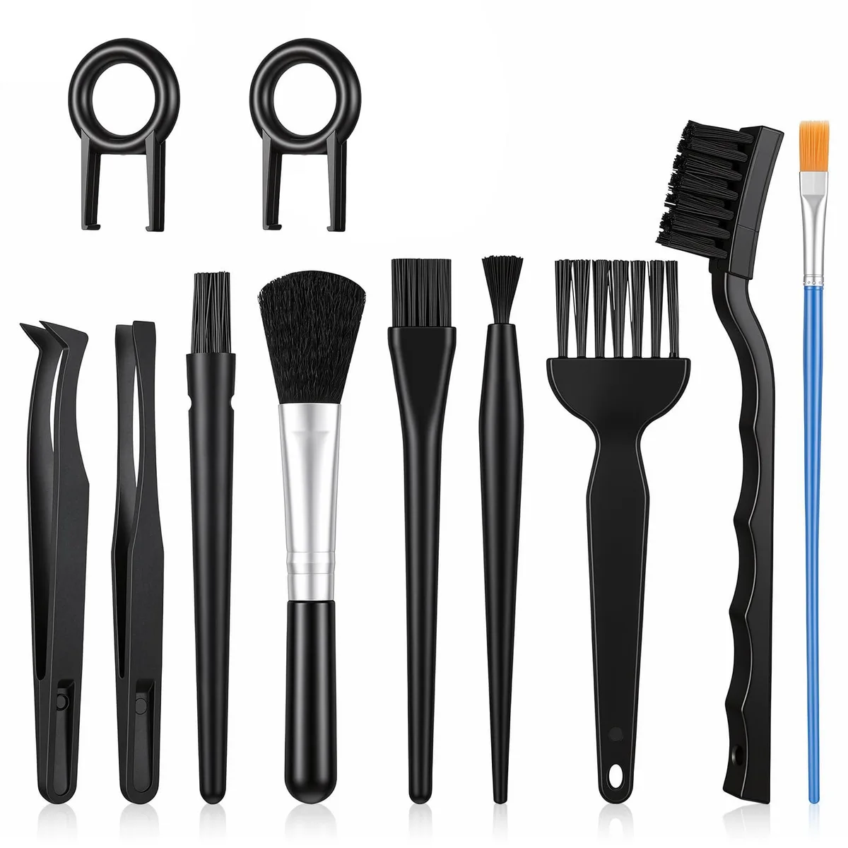 Eleven-piece black ABS cleaning kit with brushes, tweezers and keycap pullers