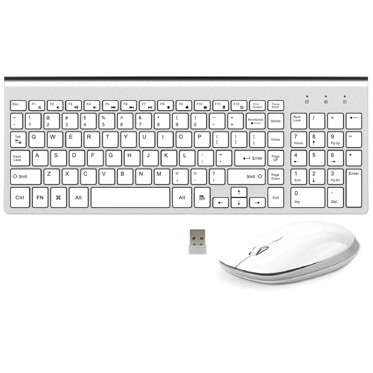 White and silver wireless keyboard and mouse set with USB receiver