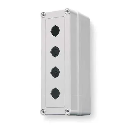 Gray polyester pushbutton enclosure 8.74 in high 2.84 in wide 3.31 in deep four 22 mm holes