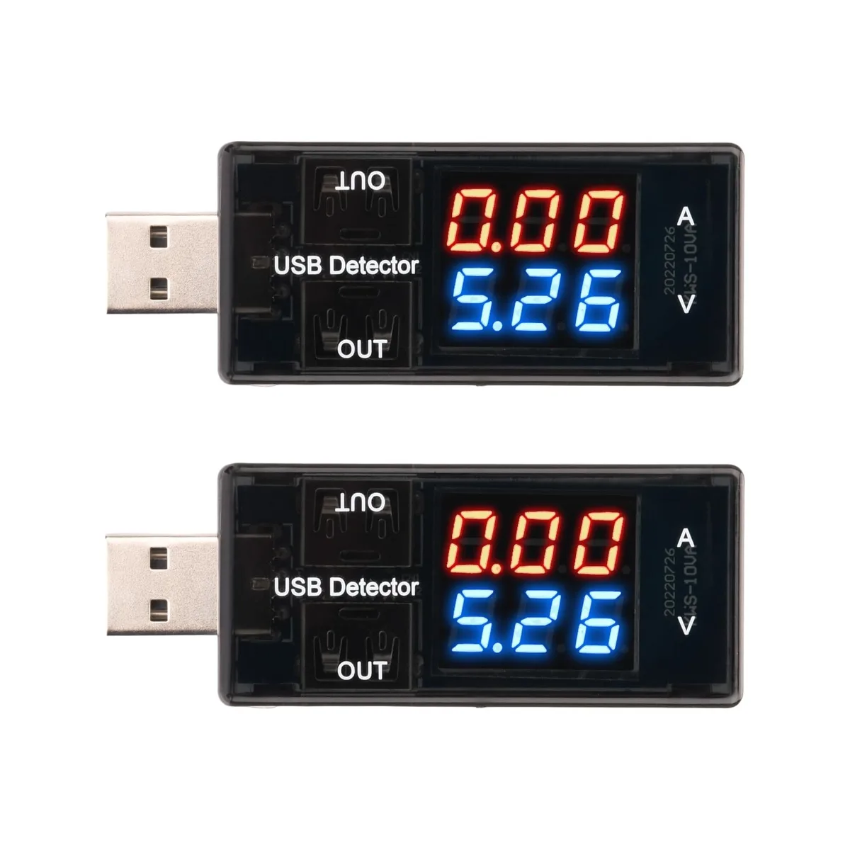 Two small rectangular USB testers, one with a blue display and one with a red display, each showing voltage and current readings