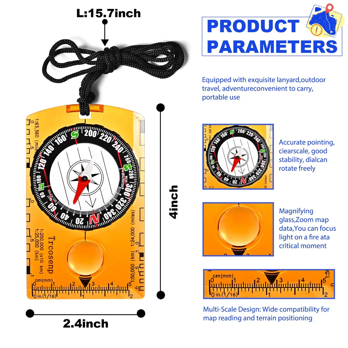 Trcosenp 4 Pack Multifunctional Orienteering Compass Blue 0.181 kg 1:24000 — product photo
