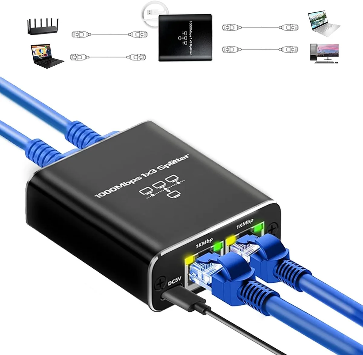 Jansicotek Jansicotek OZHW2 Gigabit Ethernet Splitter 1 to 3 with USB Power Cable — product photo