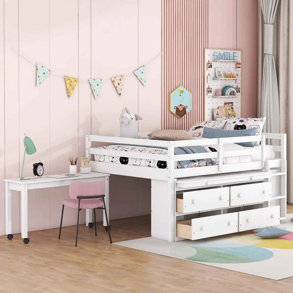 White full-size loft bed with retractable desk and four drawers