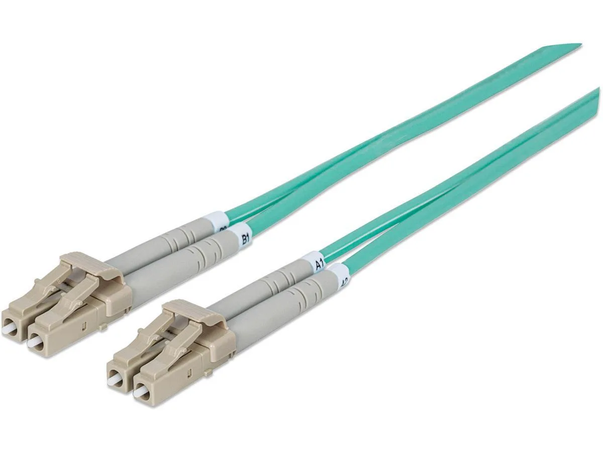 Aqua duplex multimode fibre patch cable with LC connectors on both ends, 1.0 metre length