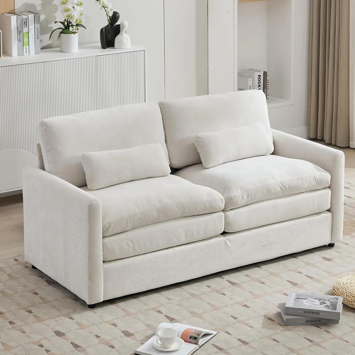 Beige chenille loveseat with double cushions and curved armrests
