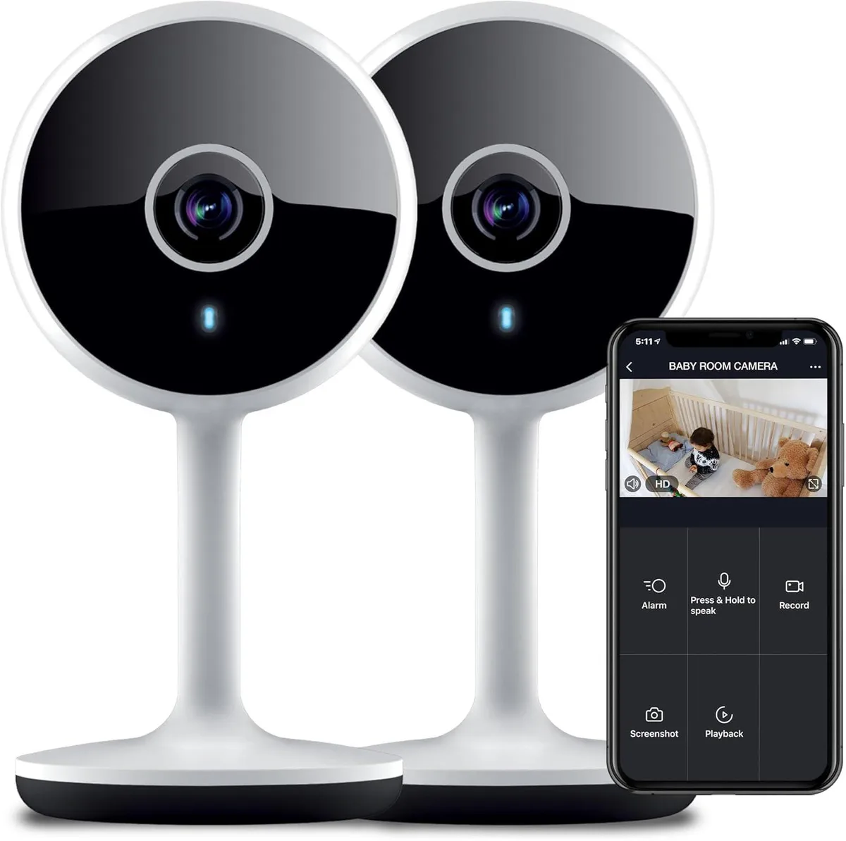 Two small white indoor cameras with flexible stems on a flat surface