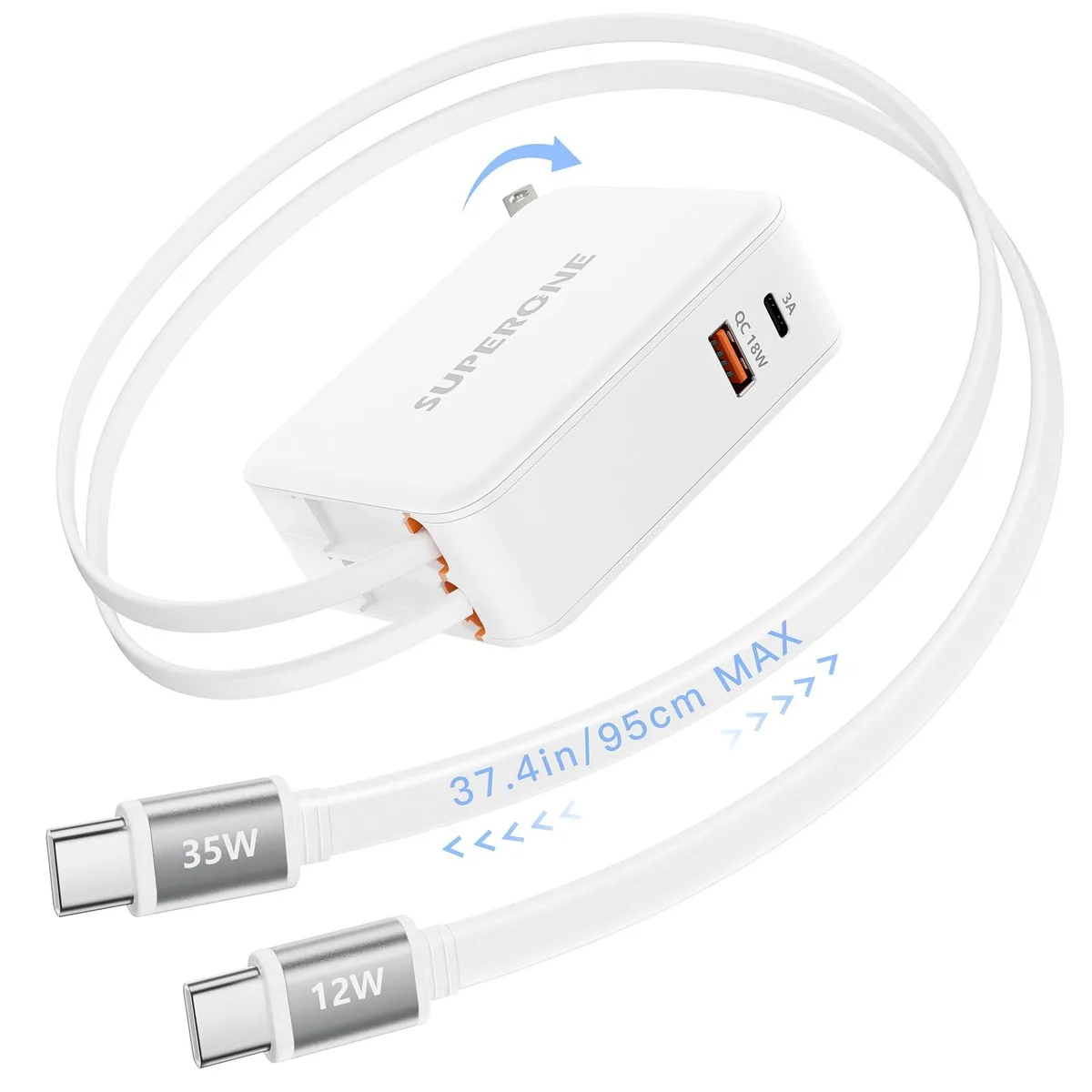 White wall charger with two retractable USB-C cables extended, dual ports visible on front