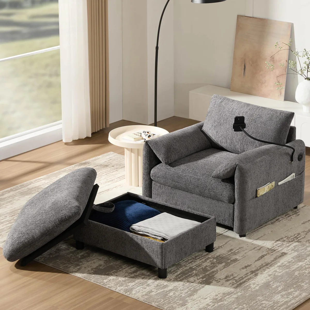 Gray chenille single sofa with matching storage ottoman
