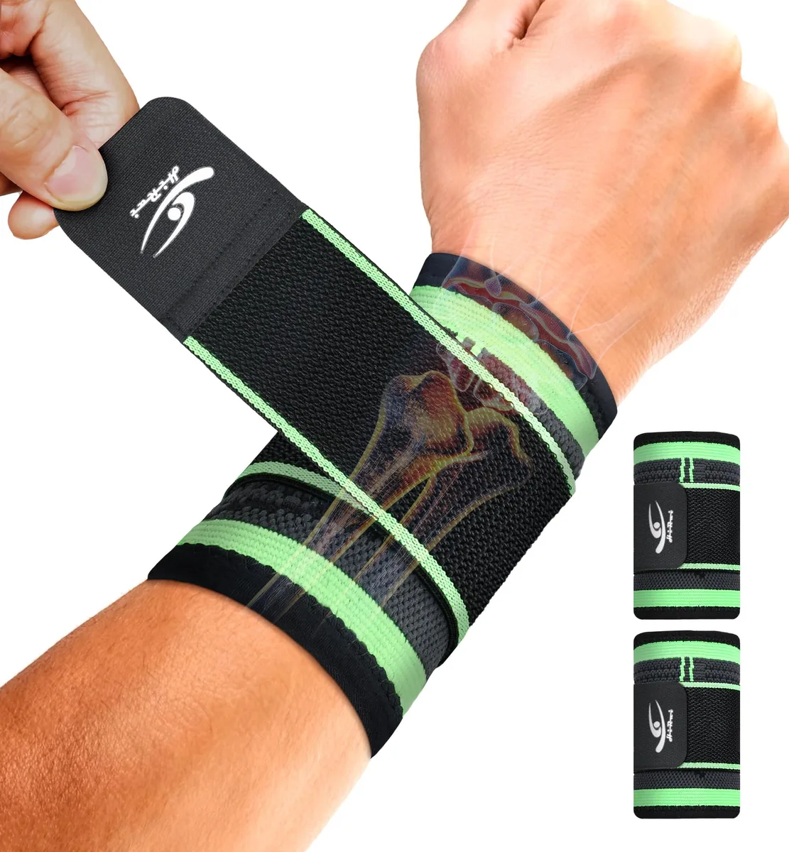 Two small green wrist wraps with adjustable straps, fabric texture visible