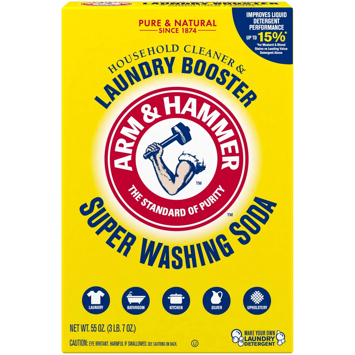 White rectangular box labeled Arm & Hammer Super Washing Soda 55 oz