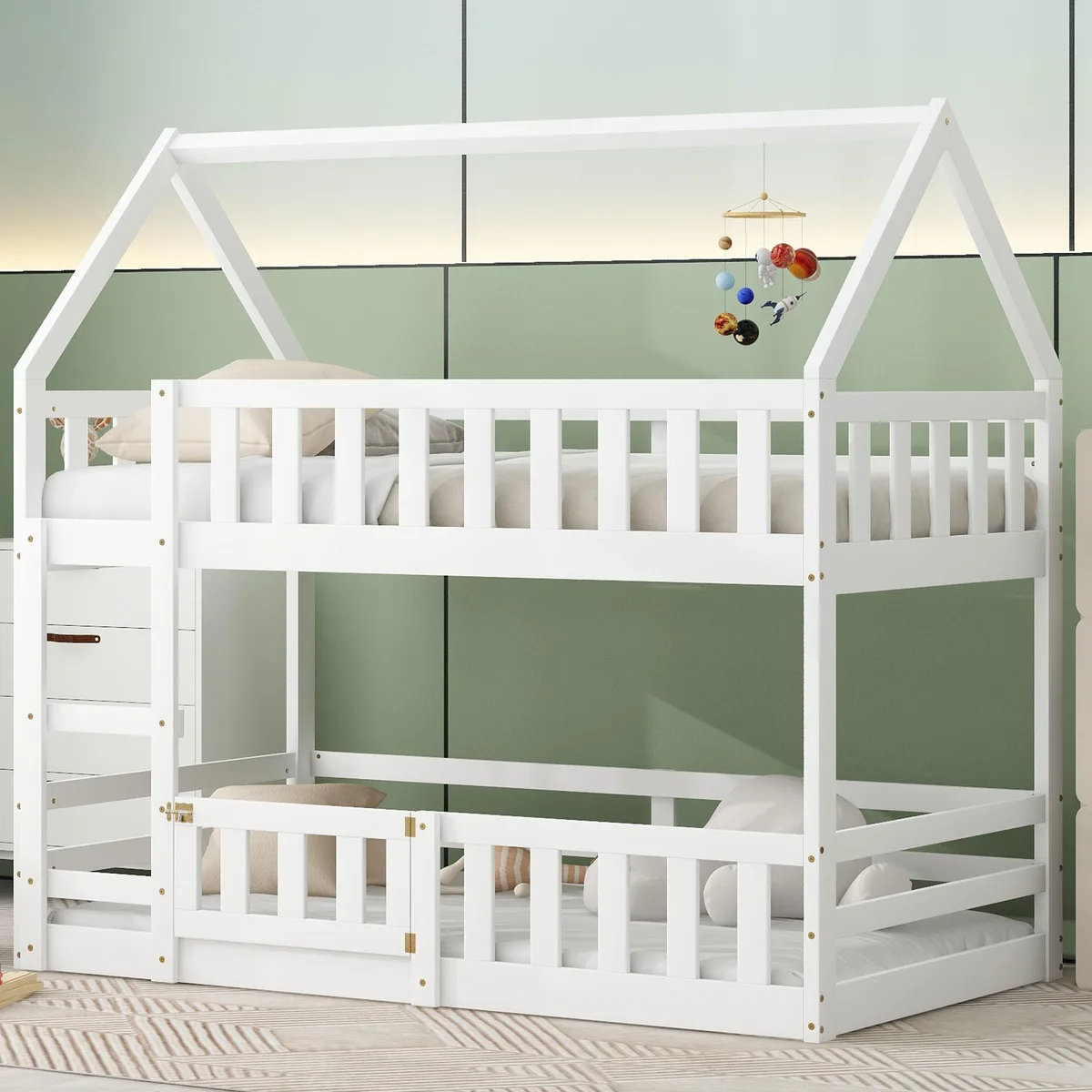 tuphen tuphen Twin over Twin House Bunk Bed with Fence and Door White 313047 — product photo