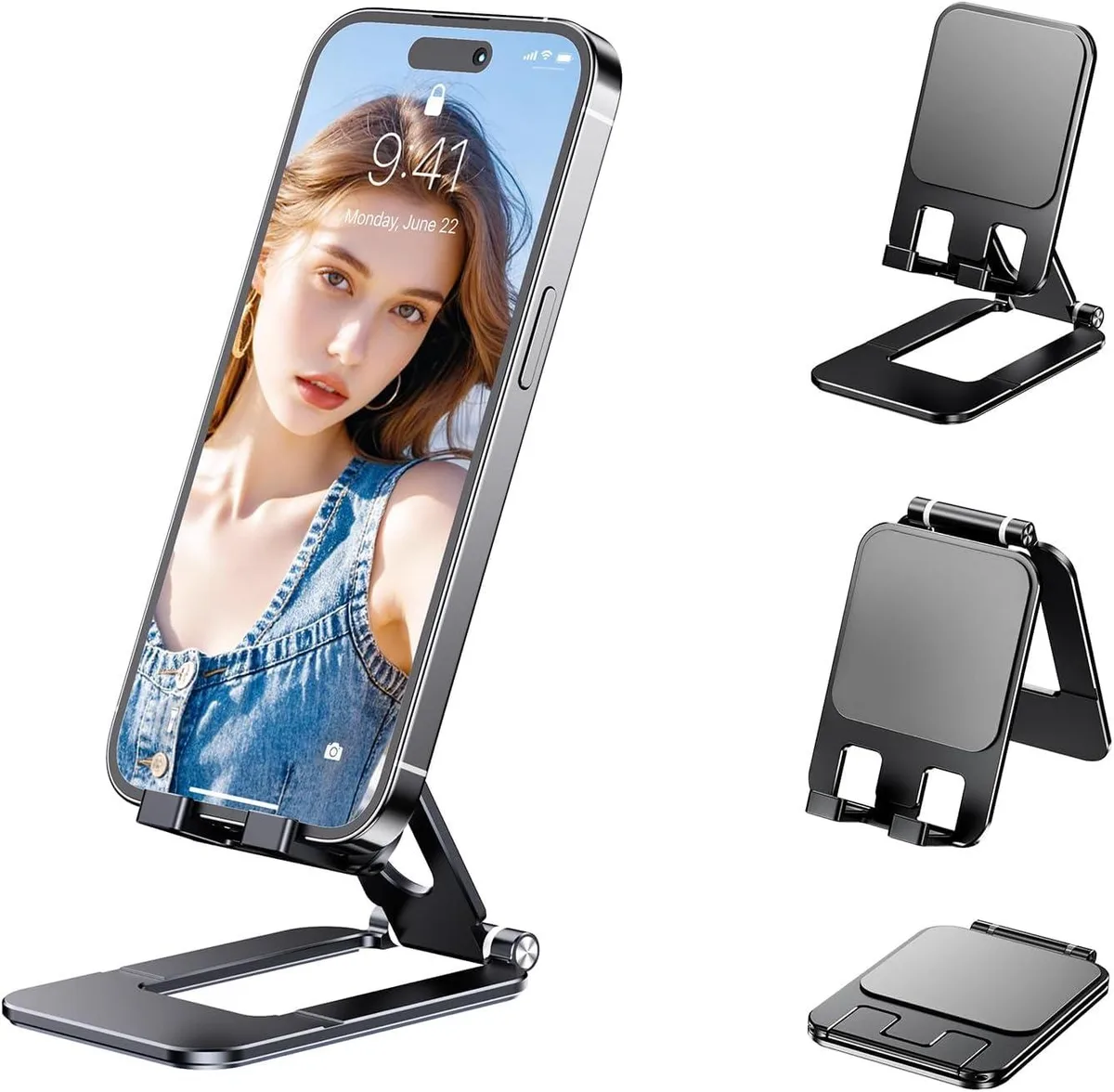 Black aluminium foldable phone stand with silicone grips, flat rectangular base and adjustable dual-axis hinge