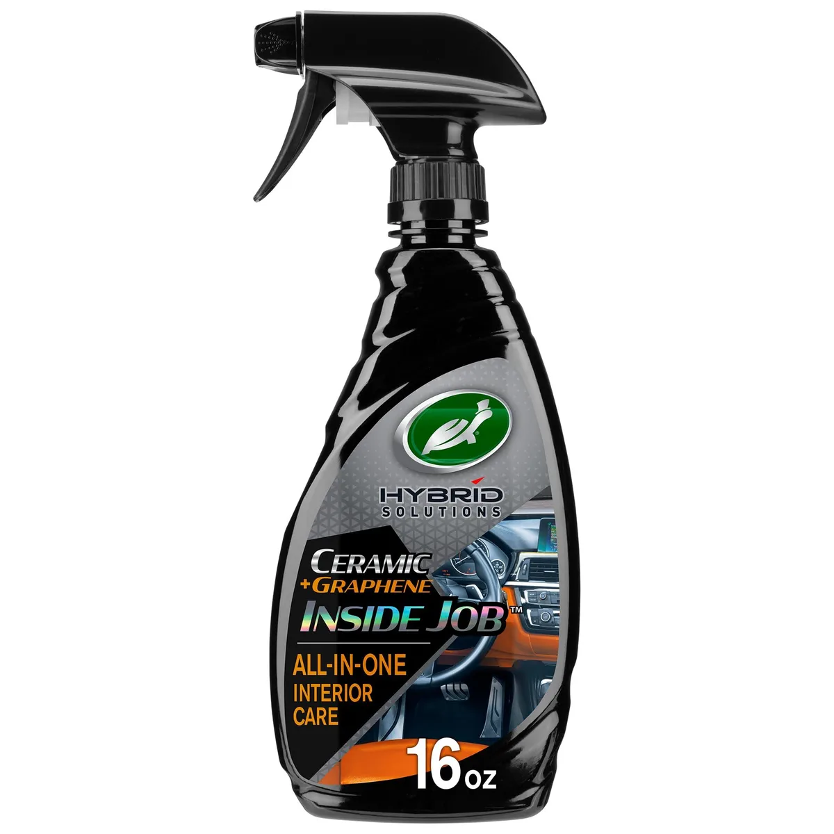 Blue 16 fl oz spray bottle with white trigger and ceramic interior care label