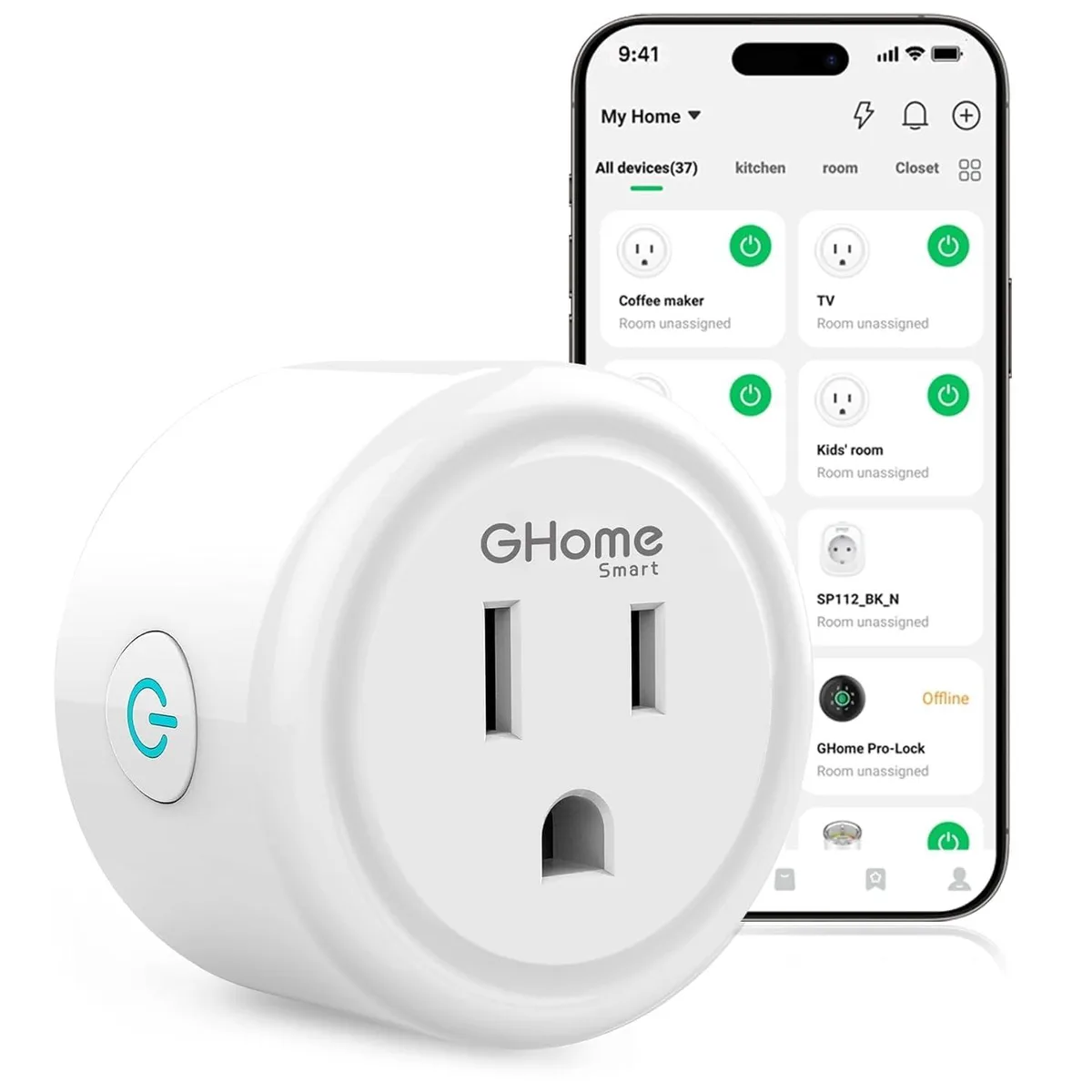Compact white square smart plug with single outlet and side button