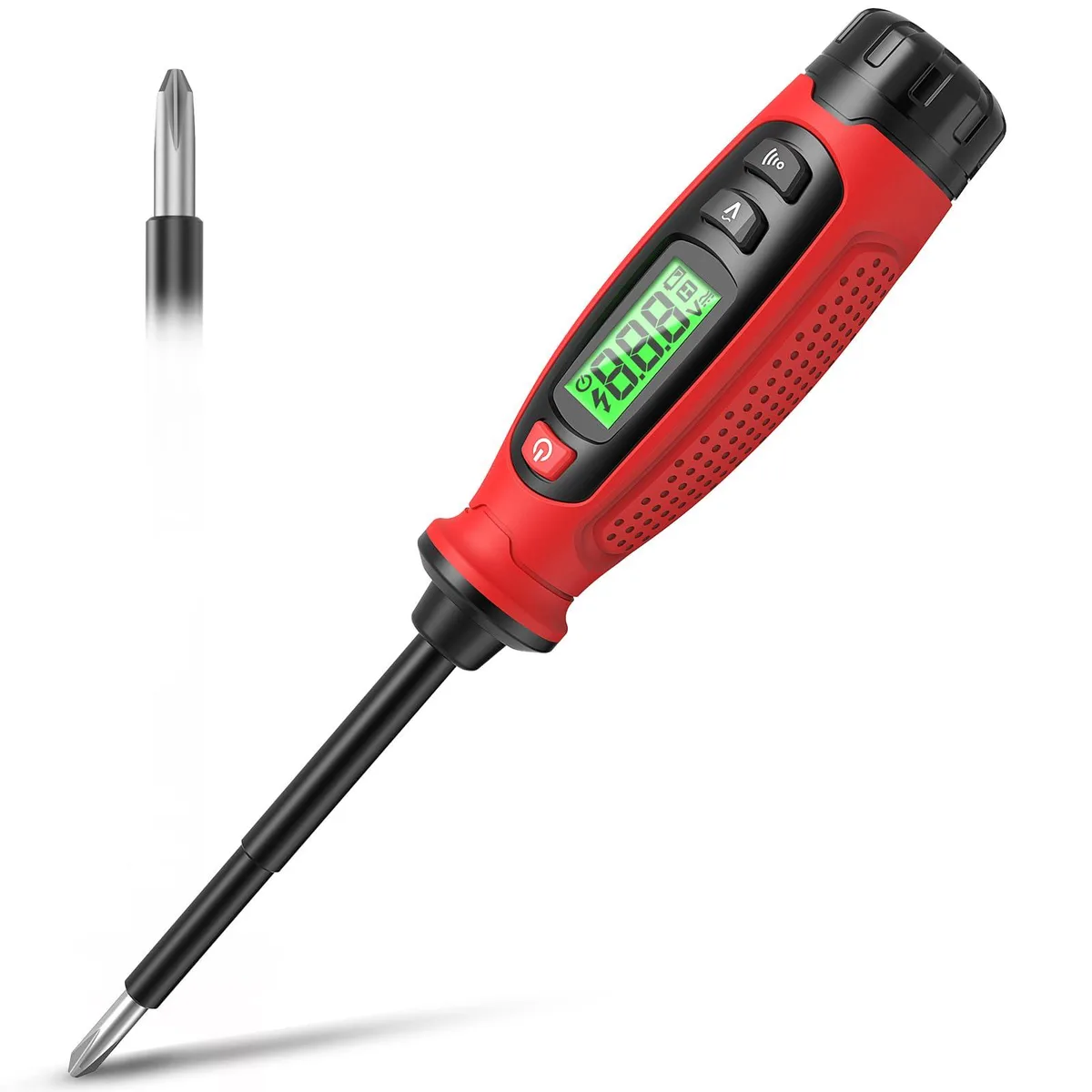 Yellow and black voltage tester screwdriver with LCD screen and Phillips tip