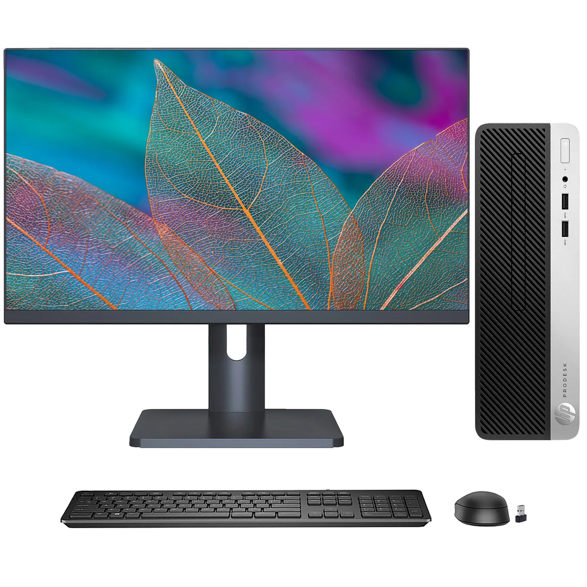 HP HP ProDesk 400 G5 SFF desktop PC i3-8100 8GB 512GB SSD 27" monitor Windows 11 Pro — product photo