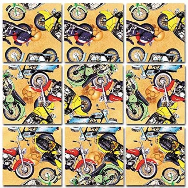 Nine illustrated square puzzle pieces forming a 12-inch square with classic motorcycle graphics
