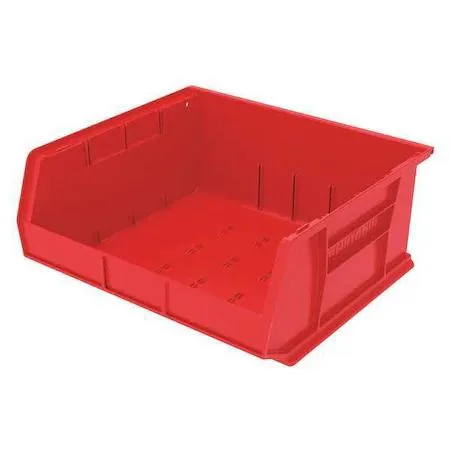 Red plastic hang-and-stack storage bin with label slots and divider grooves