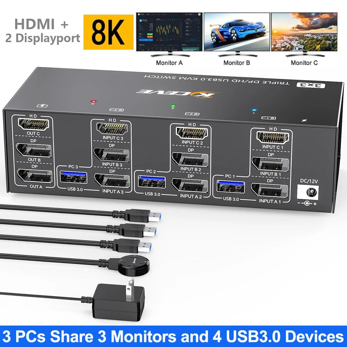 Hitoor Hitoor KC-303DH 3-PC 3-Monitor KVM Switch 8K@60Hz 4K@144Hz 4 USB 3.0 Wired Remote — product photo