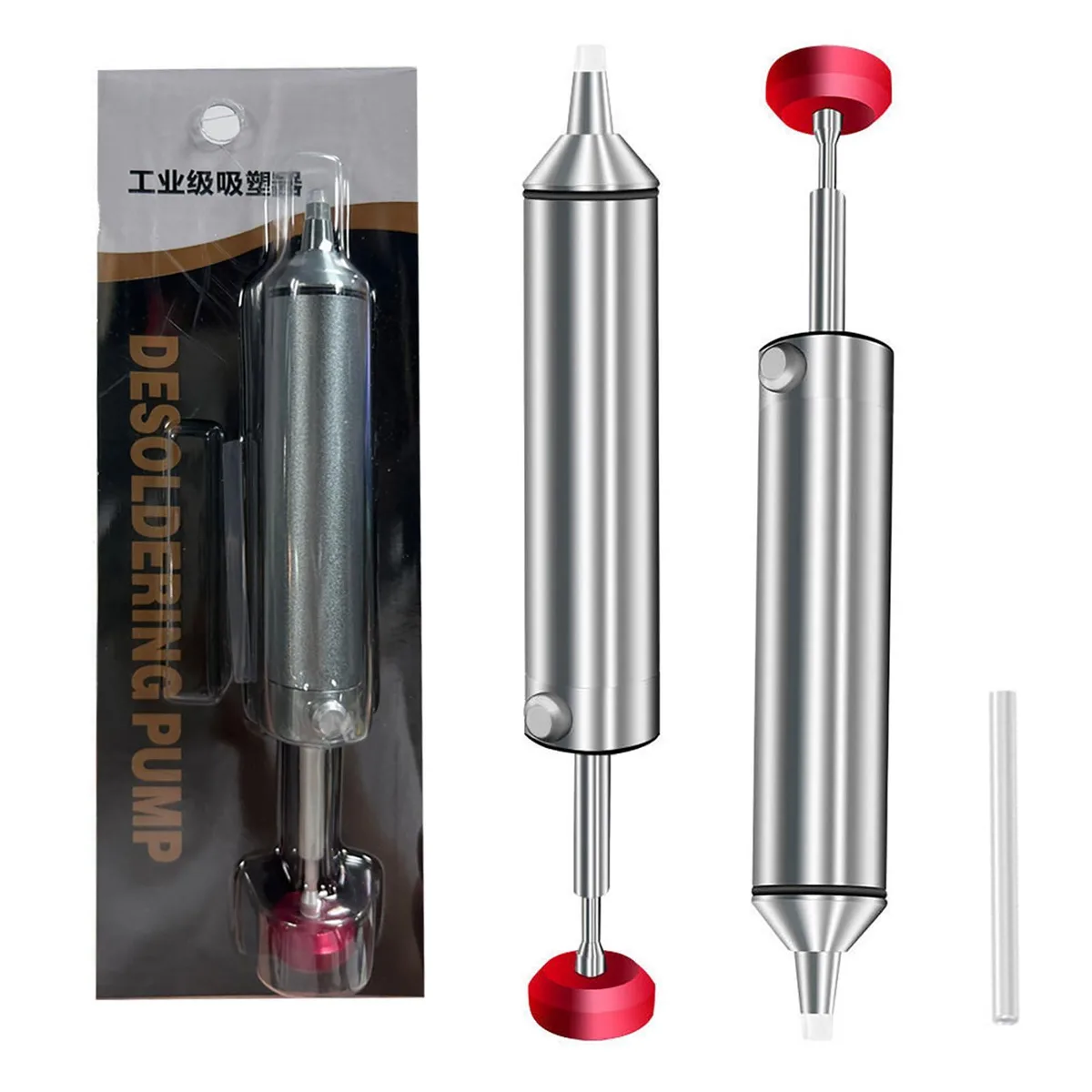 Aluminium desoldering pump with heat-resistant silicone nozzle and anti-slip handle