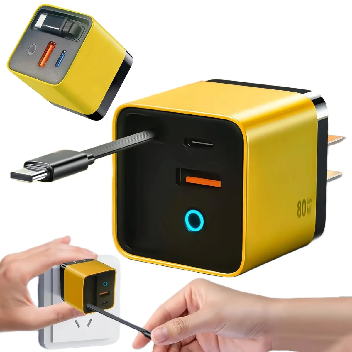 Yellow GaN wall charger with collapsible plug and retractable 31.5 in USB-C cable