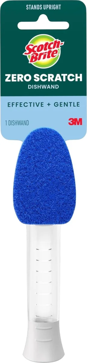 Blue plastic dishwand with soap dispensing handle and non-scratch scrubber head