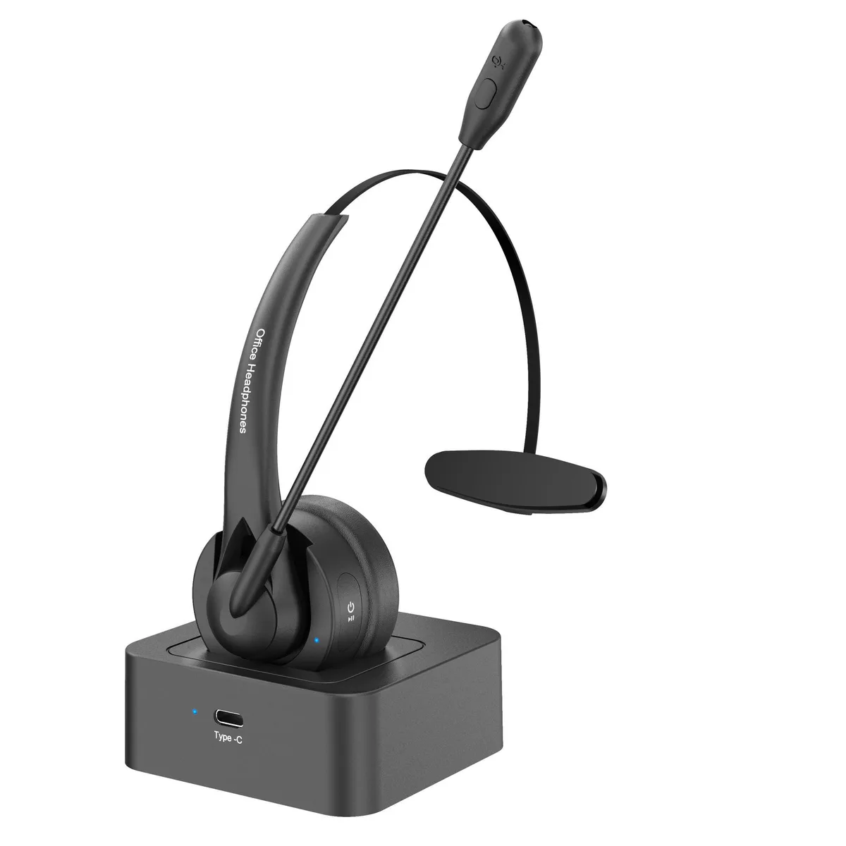 Black wireless headset with boom mic on charging base