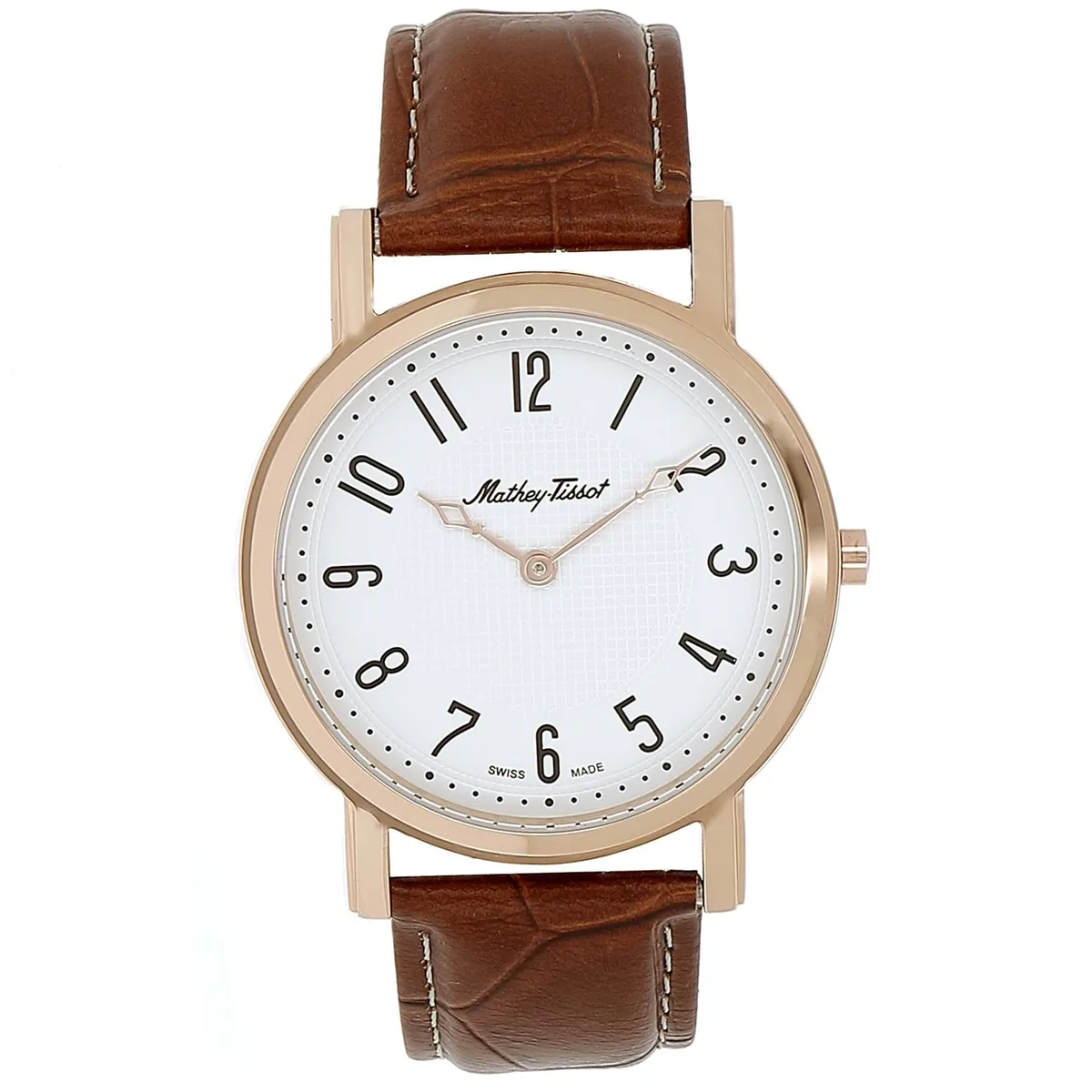 Mathey Tissot stainless steel watch, white dial, leather strap