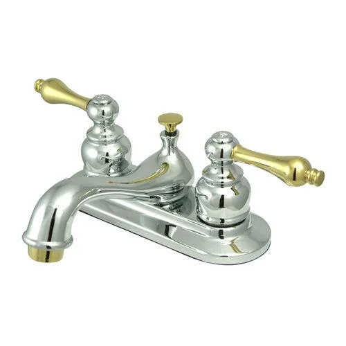 Polished chrome two-handle centerset lavatory faucet with pop-up drain