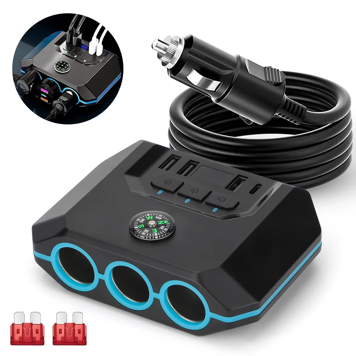 NSI NSI YDF03209575 7-in-1 Car Charger 3 Sockets 4 USB PD20W QC18W 12V/24V — product photo