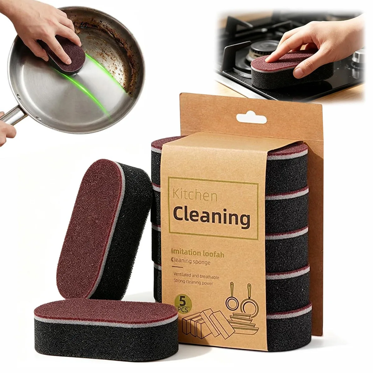 Five white rectangular high-density cleaning sponges with abrasive layer