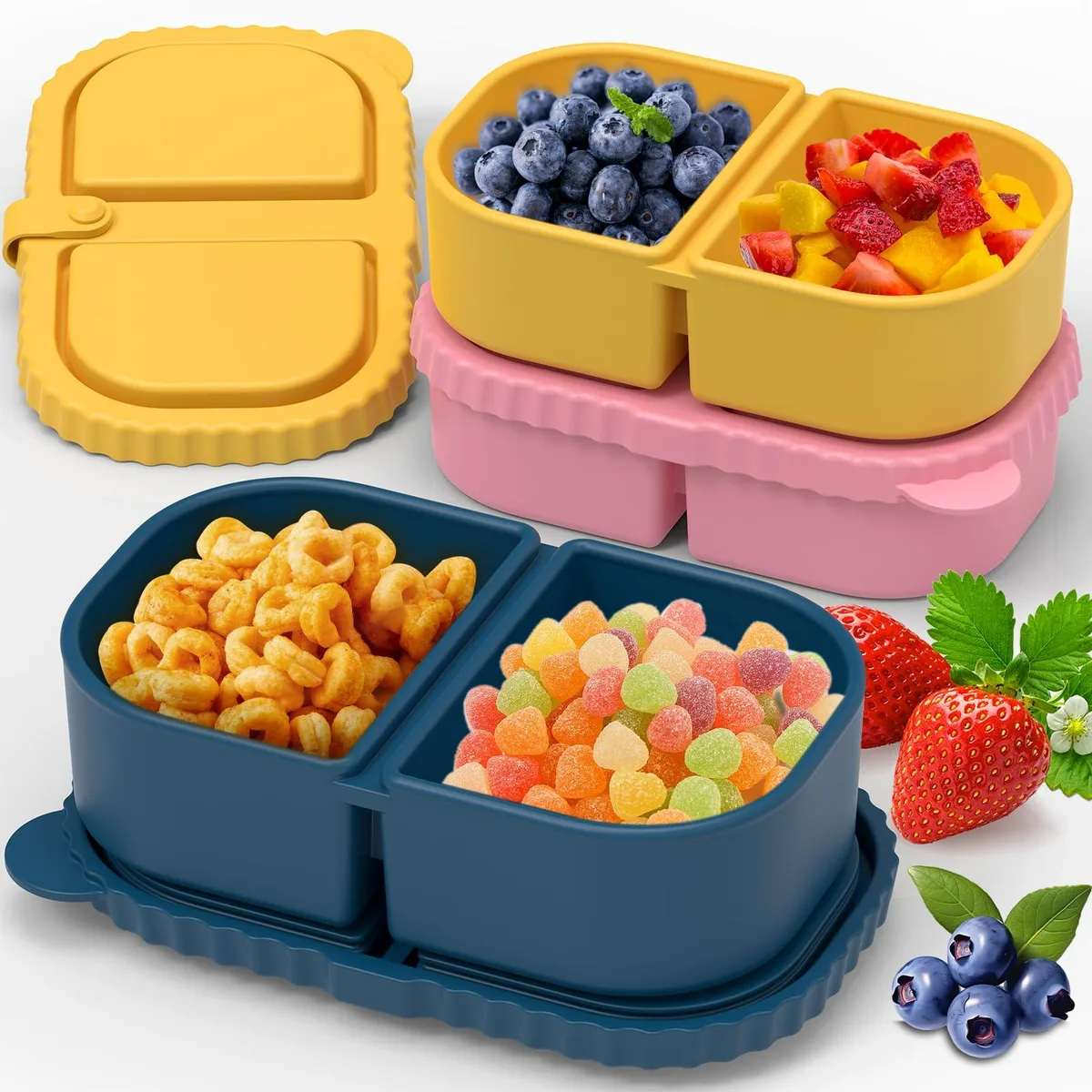 Three pastel silicone snack boxes with two-compartment lids