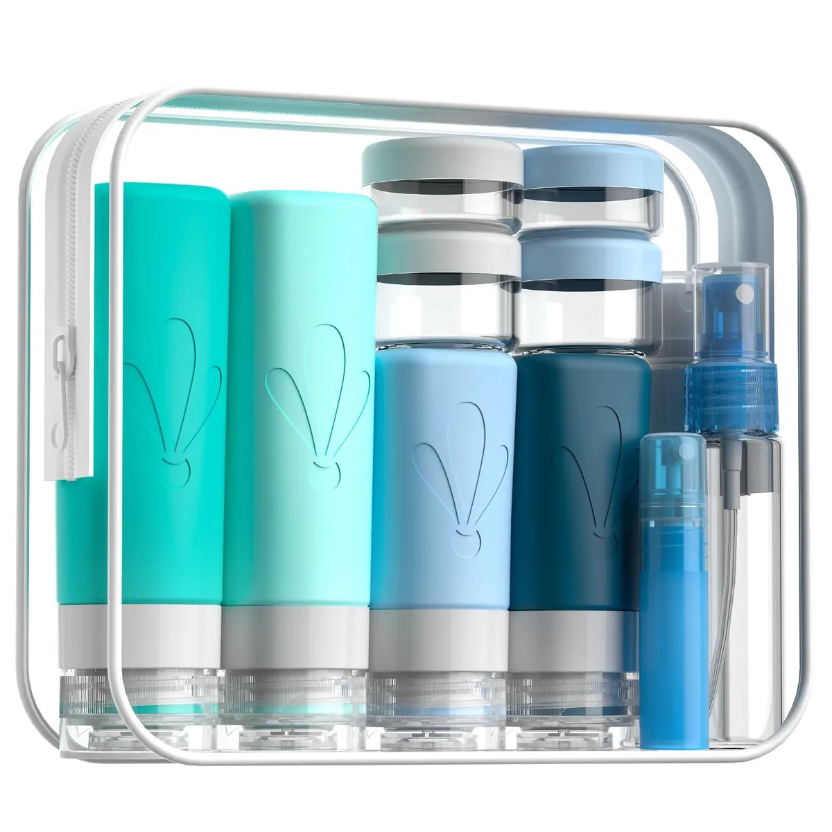 Blue 17 piece travel bottle set with silicone tubes jars spray bottles and clear toiletry bag