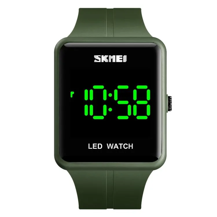 Square green digital watch with green dial, ABS case, PU strap, 37mm diameter, 13mm thick, 44g weight