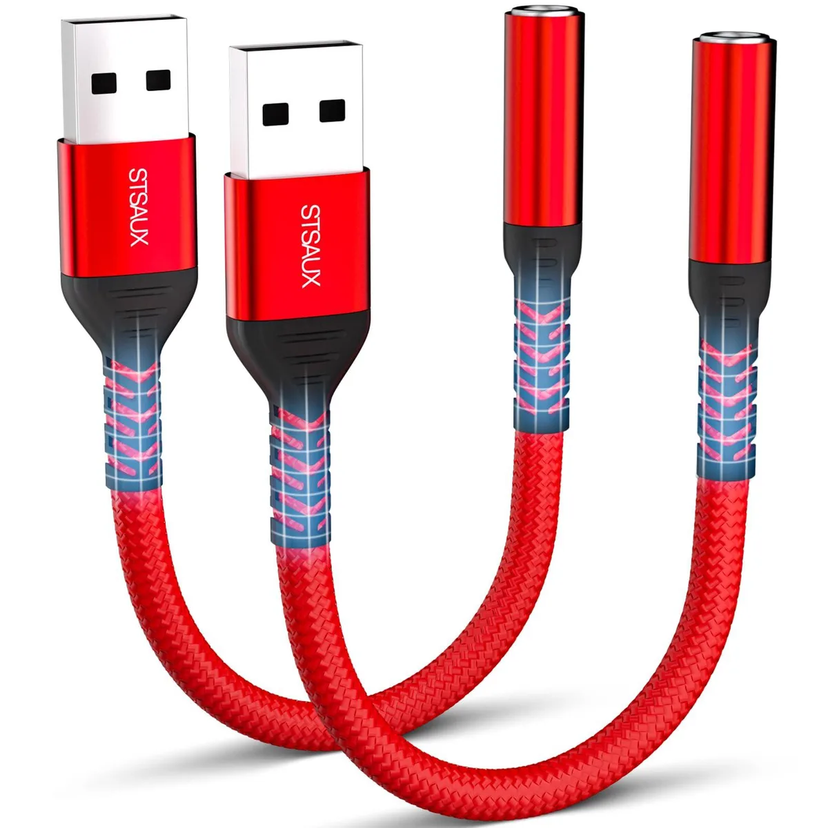 Two small white USB-A dongles with 3.5 mm TRRS sockets