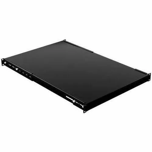 Black metal server rack shelf with adjustable depth brackets and mounting hardware