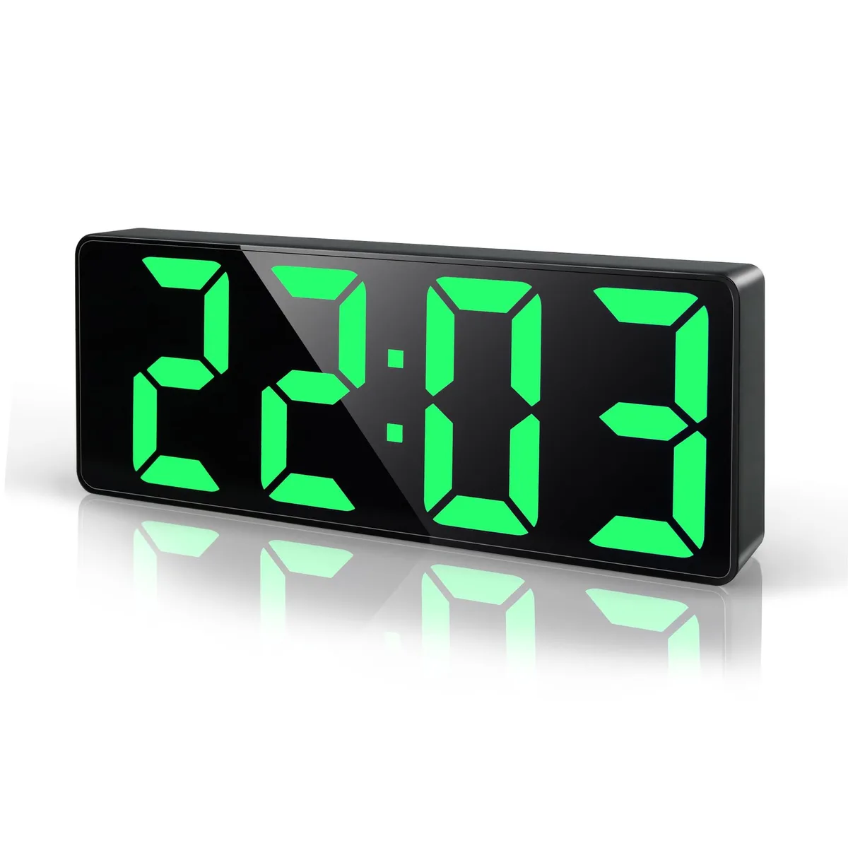 Green LED alarm clock, rectangular shape, large numerals, USB and battery powered