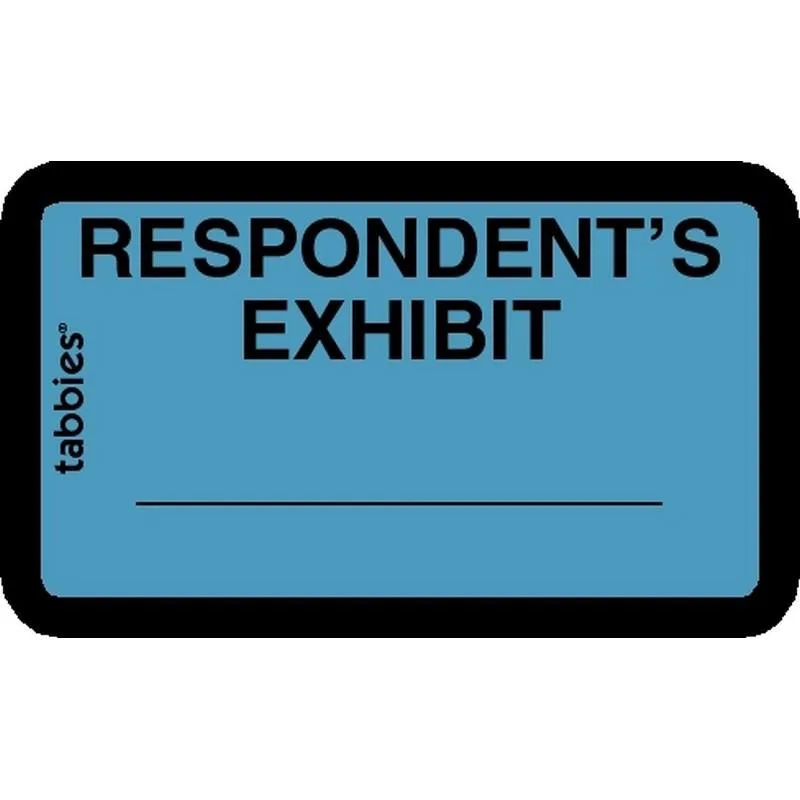 Light blue self-adhesive paper labels pre-printed with "RESPONDENT'S EXHIBIT" and a blank writing area, 252 labels in 28 sheets