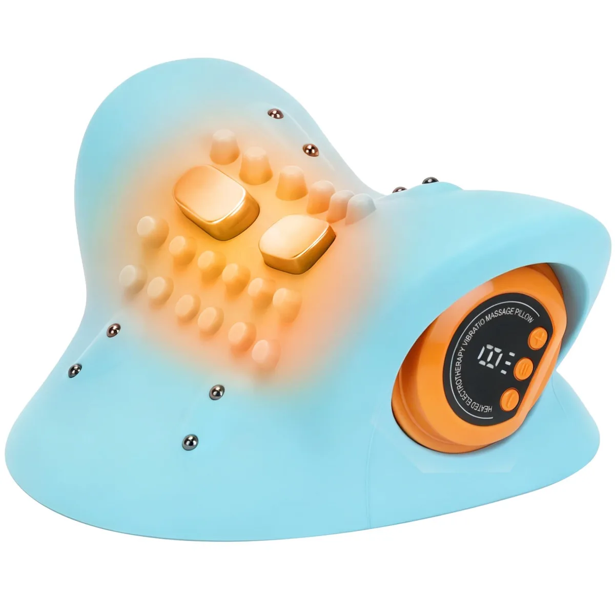 Blue ergonomic neck massager pillow with remote control, curved shape, plastic housing