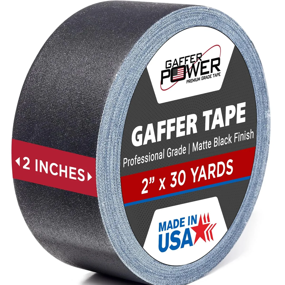 Single roll of black matte cloth gaffer tape, 2 inches wide by 30 yards