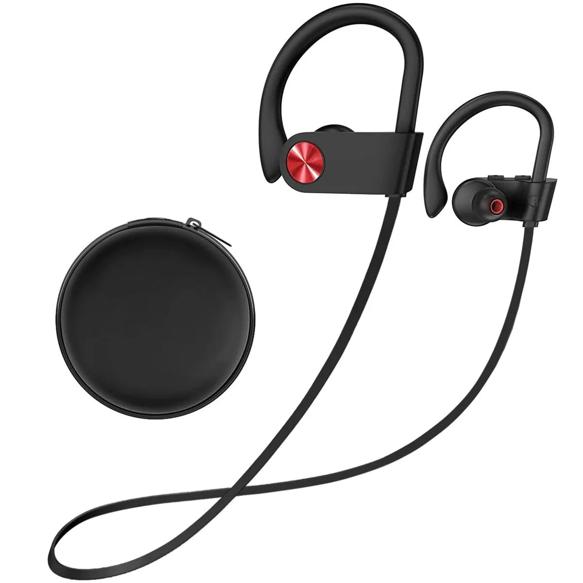 Black and red wireless earbuds with charging case