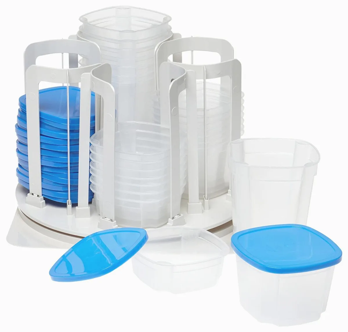 Red plastic carousel holding 24 clear containers with interchangeable lids