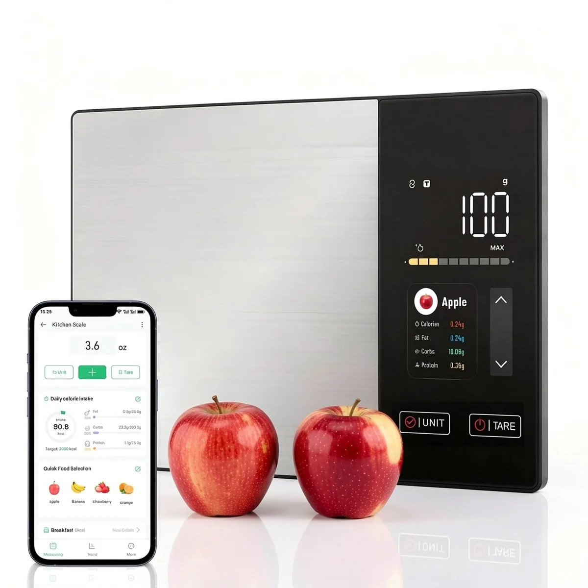 Black compact digital scale with colour touchscreen display and stainless steel platform