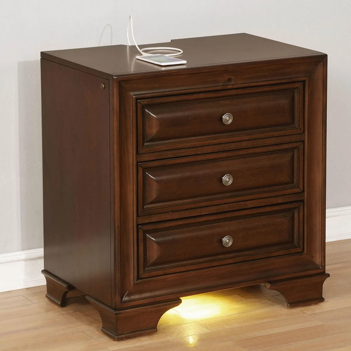 tuphen tuphen Brown Cherry Nightstand 3-Drawer 26x17x28 USB Nightlight — product photo