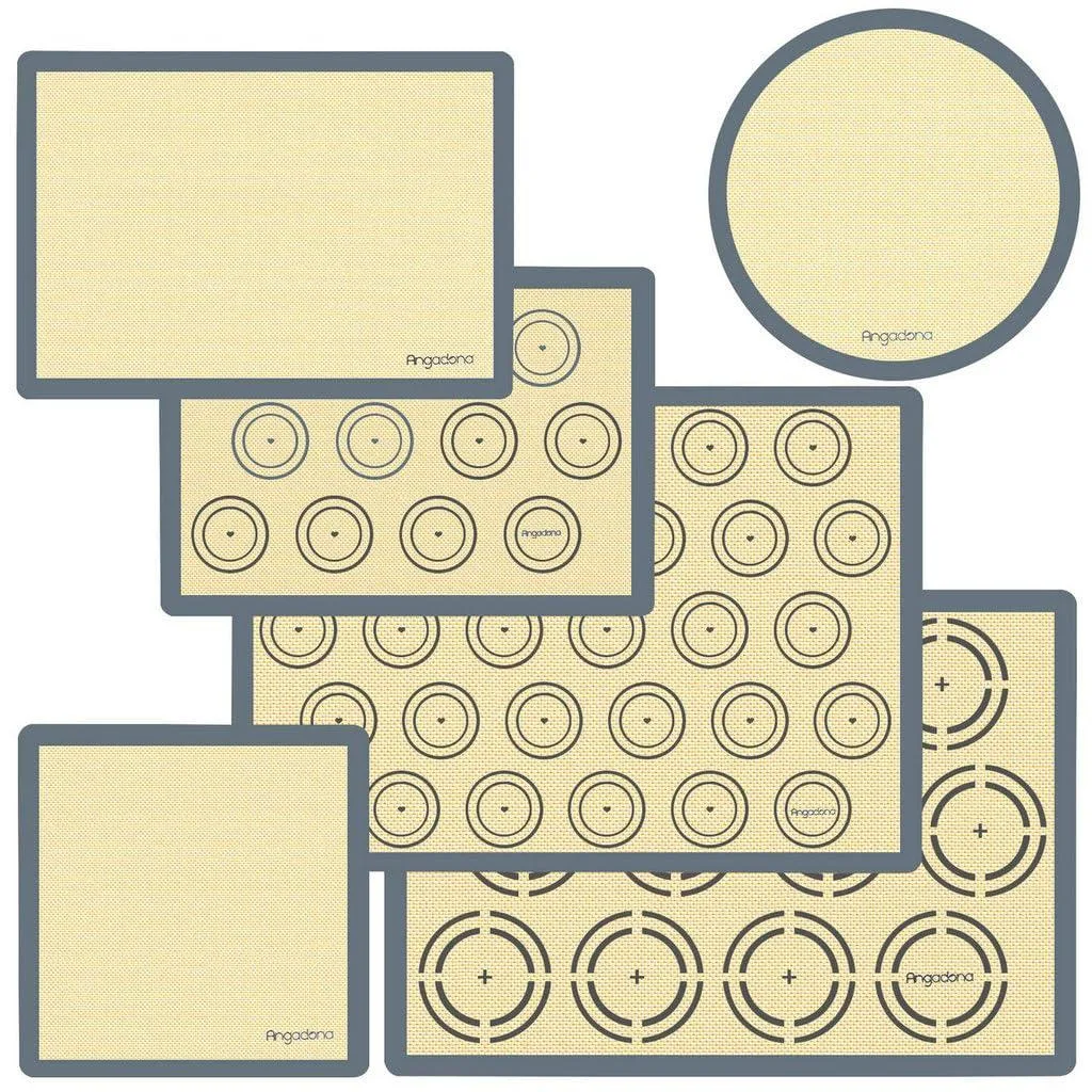 Six silicone baking mats in rectangular round and square shapes with basketweave texture