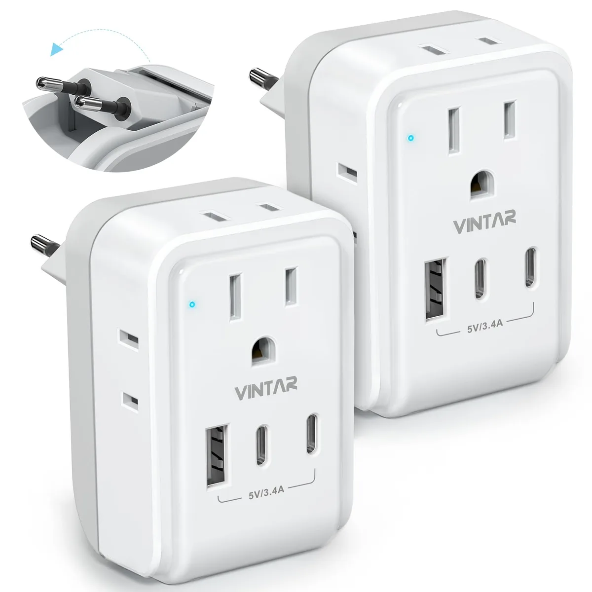 White and grey foldable travel adapter with four AC outlets and three USB ports, two of them Type C