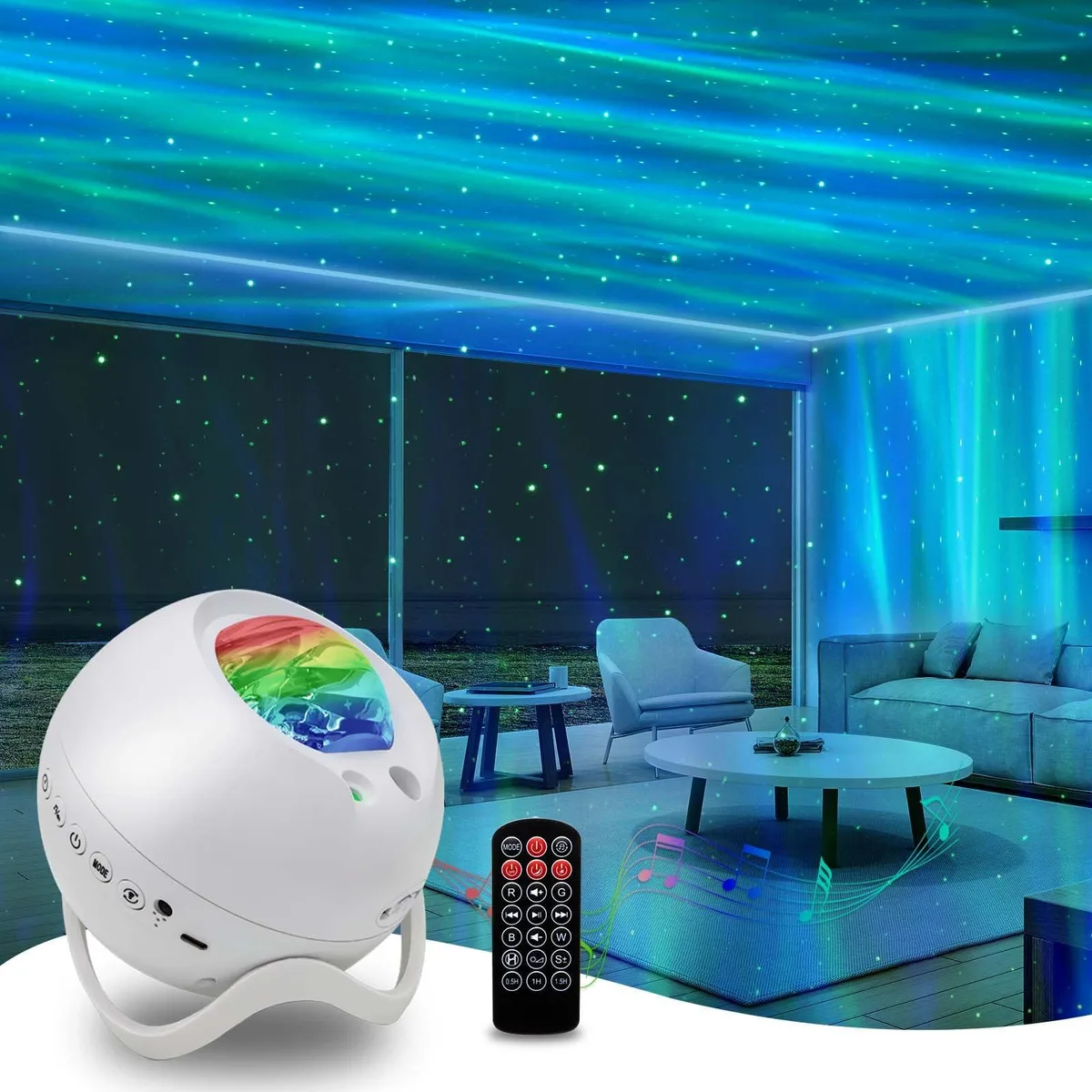 White round star projector, 5.3 inches tall, painted plastic finish, includes remote control